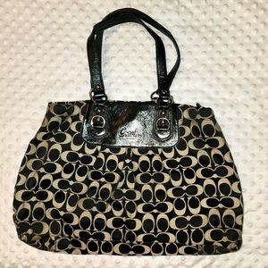 Coach Black Gray Signature Jacquard Patent Leather Handbag Ashley M1051-…